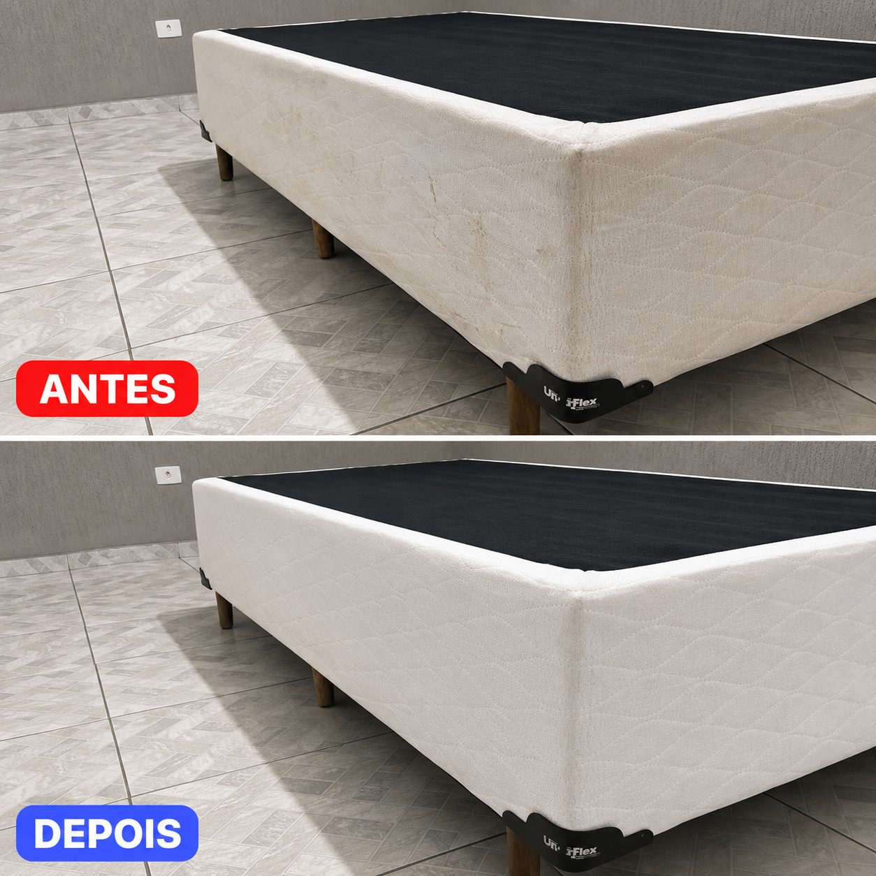 Base de cama antes e depois da higienização